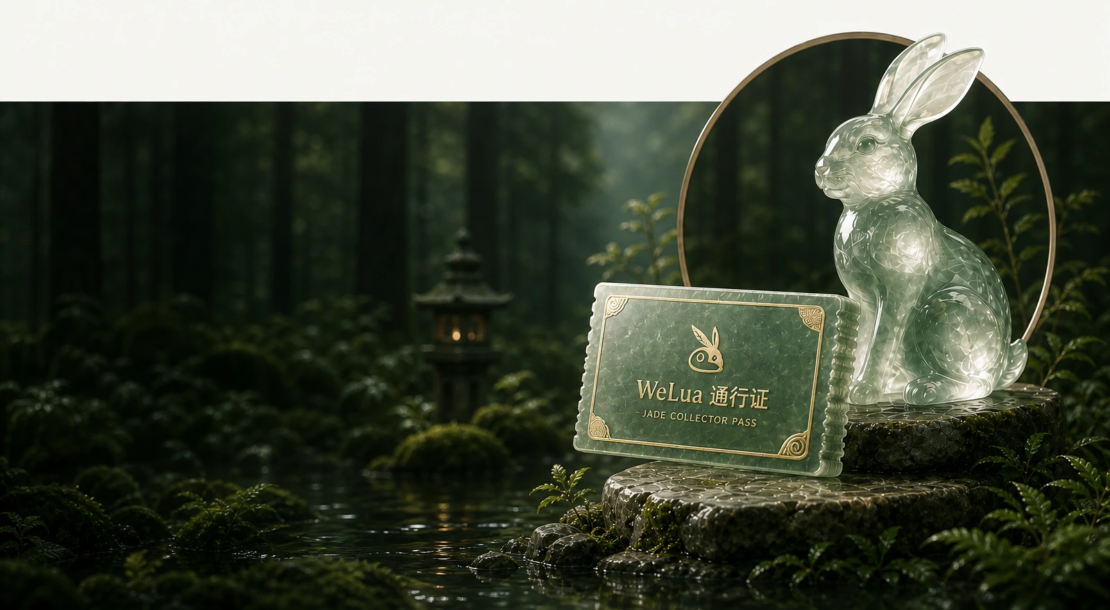 玉石兔与 WeLua 通行证置于墨绿森林的石台上